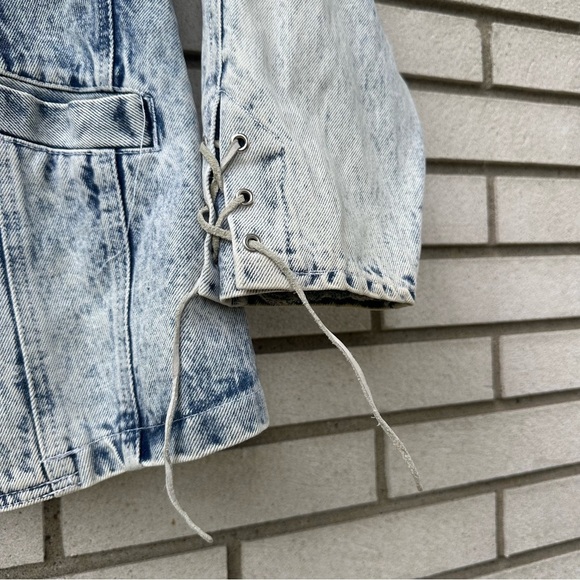 Vintage Acid Wash Denim Leather Fringe Jacket Western Cowboy Rodeo Blazer M - Picture 5 of 10